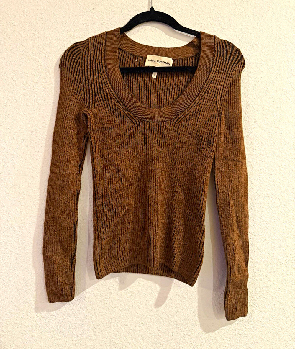 Mara Hoffman Monica Ribbed Knit Scoop Neck Sweater Brown Black Size Small